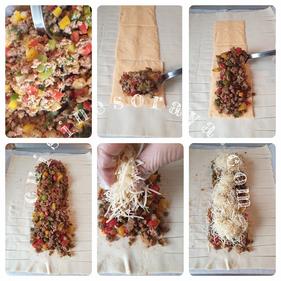 Tresse feuilleté à la viande, poivron et cheddar