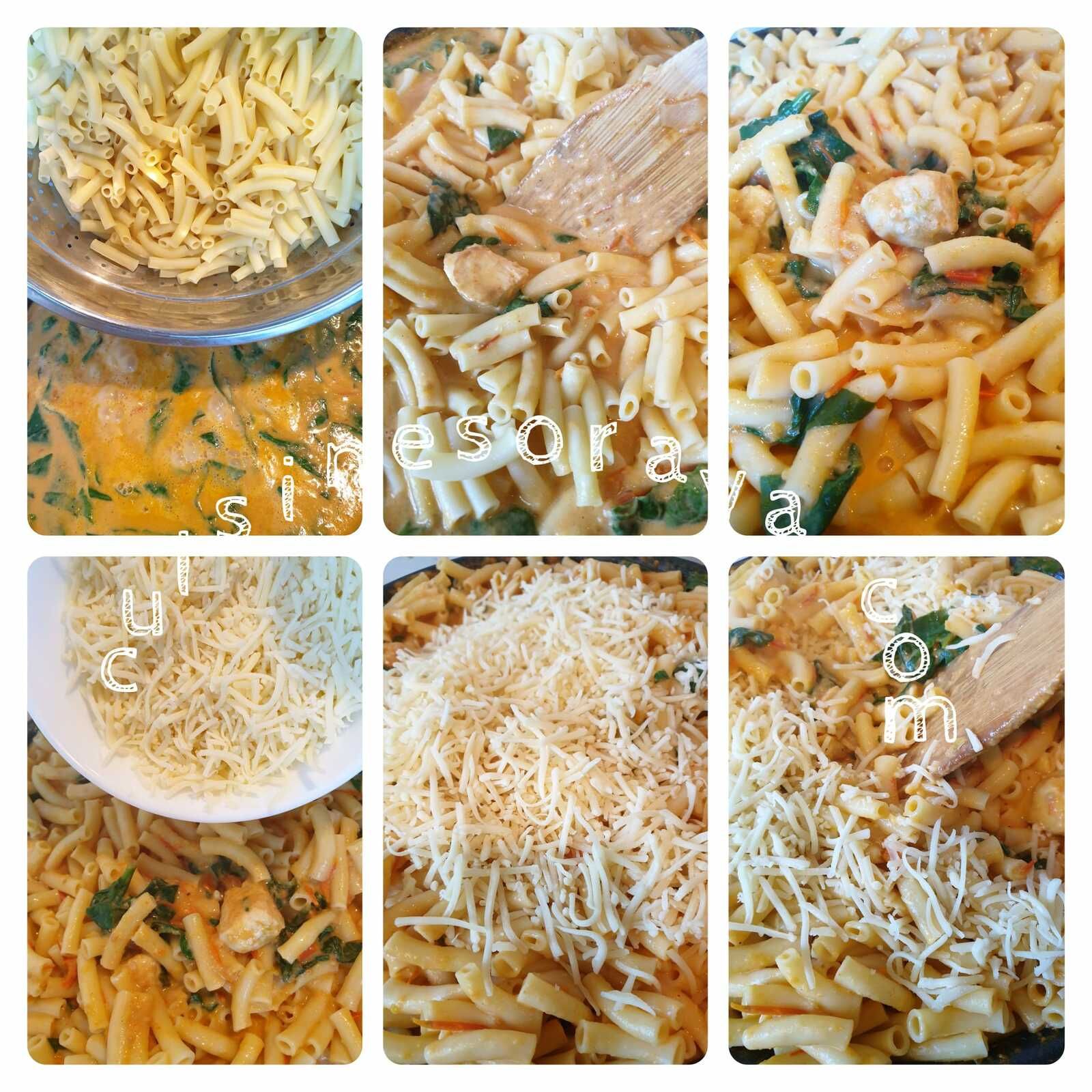 Pasta poulet sauce crème de poivrons, tomates et épinards frais