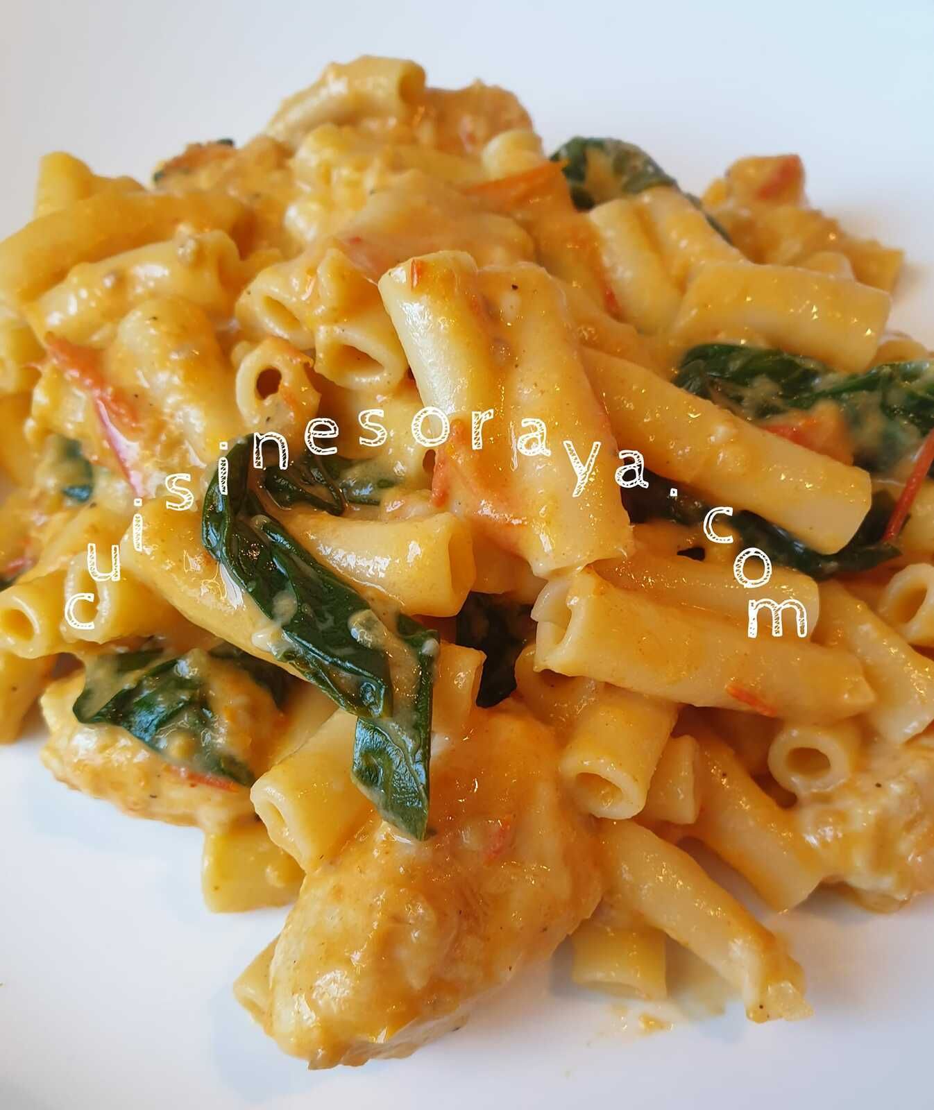 Pasta poulet sauce crème de poivrons, tomates et épinards frais