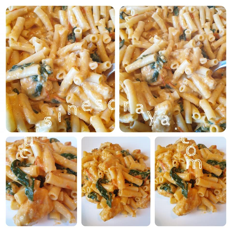 Pasta poulet sauce crème de poivrons, tomates et épinards frais