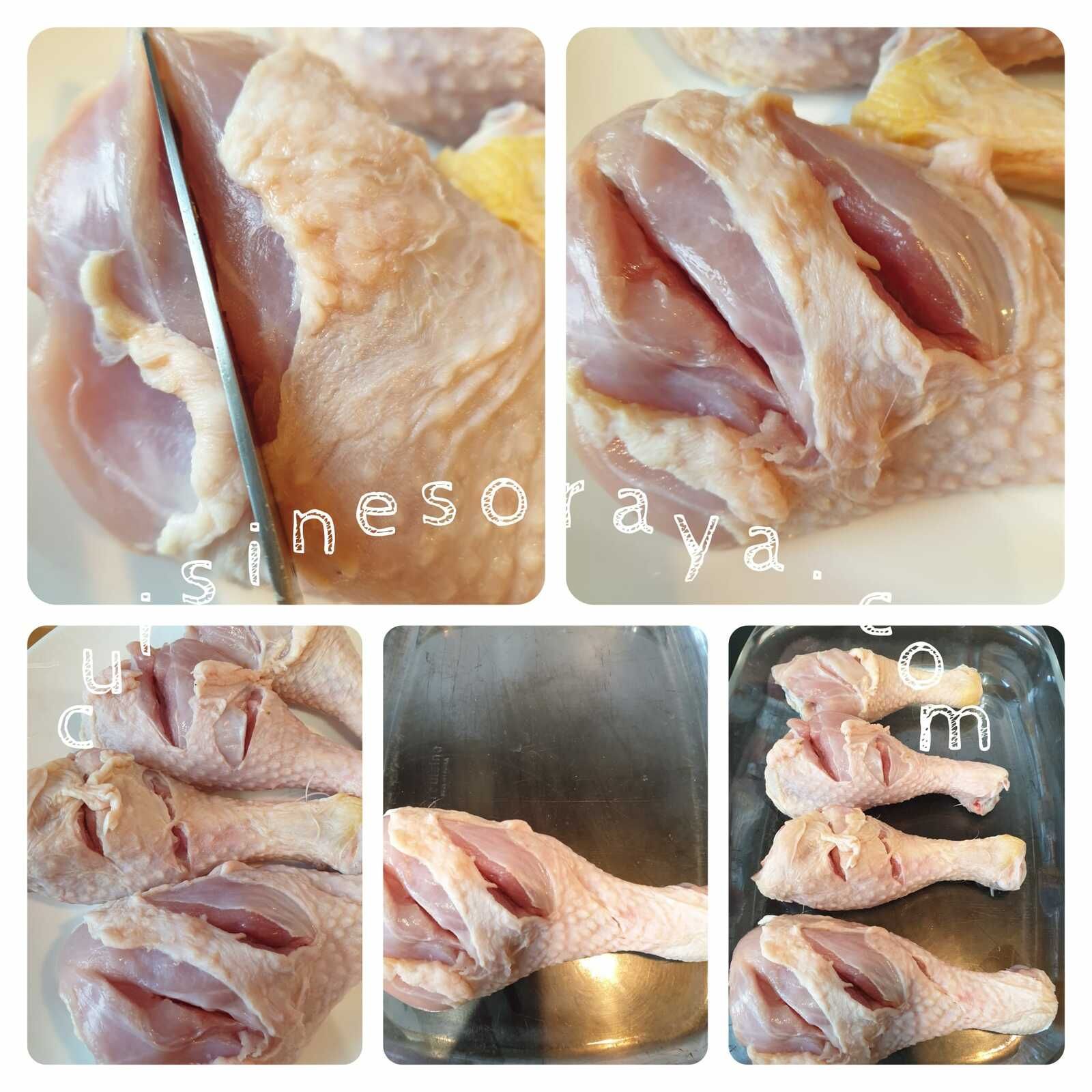 Pilon de poulet mariné et pommes de terre au four