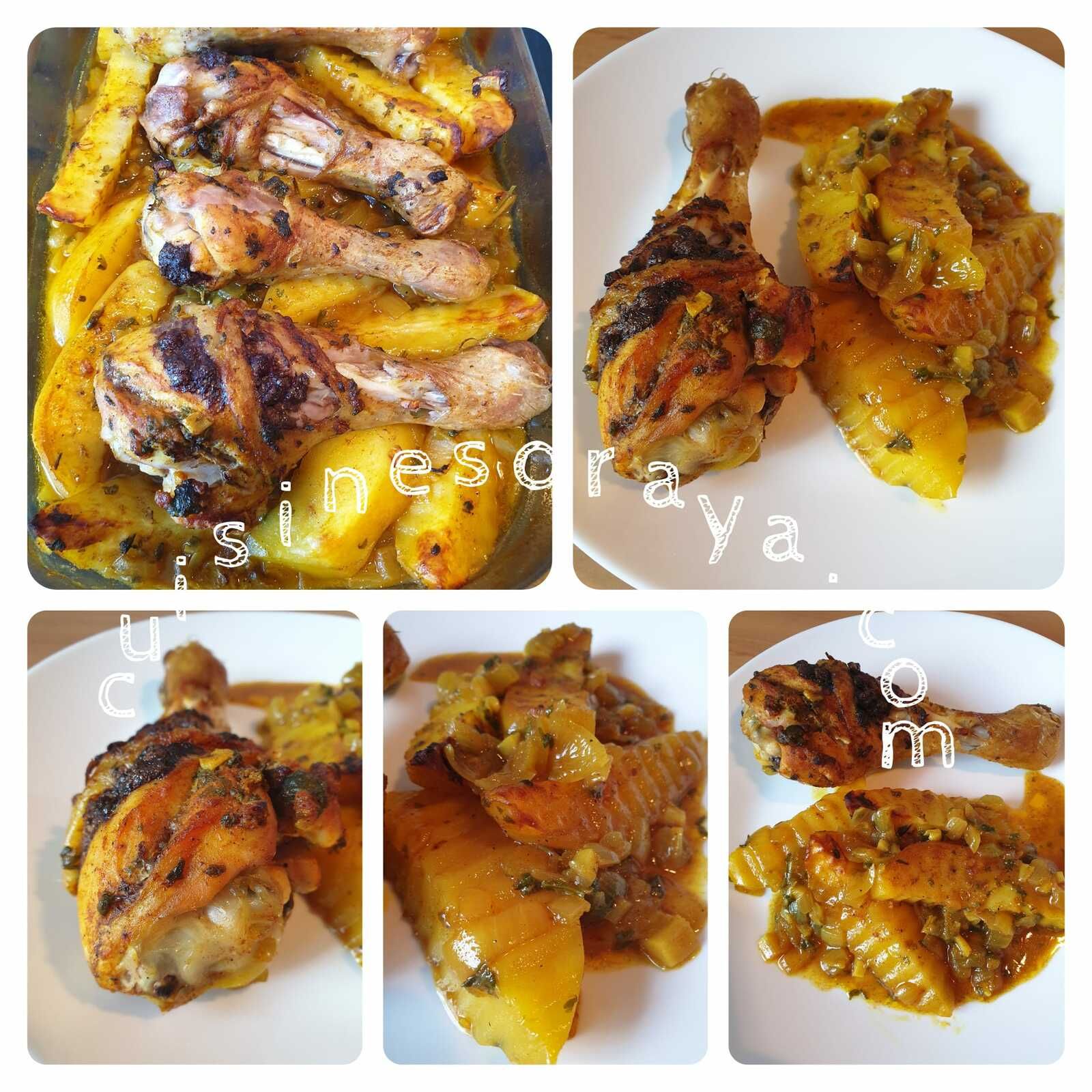Pilon de poulet mariné et pommes de terre au four