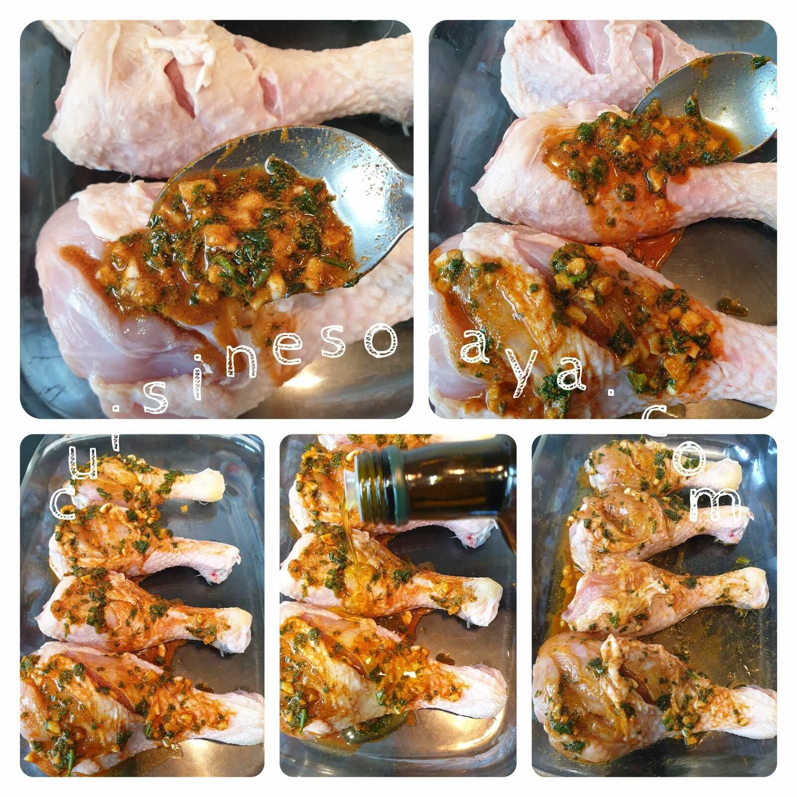 Pilon de poulet mariné et pommes de terre au four