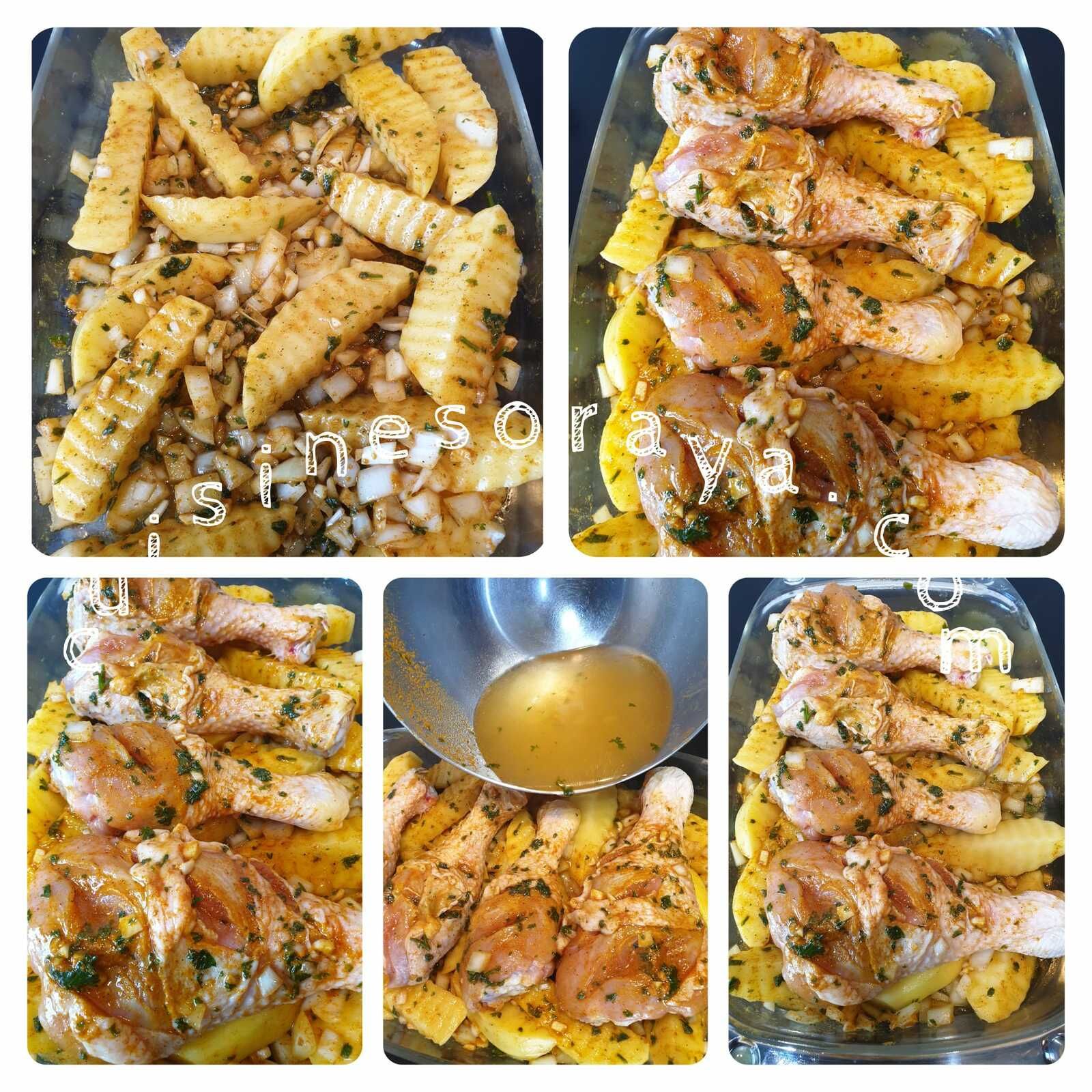 Pilon de poulet mariné et pommes de terre au four
