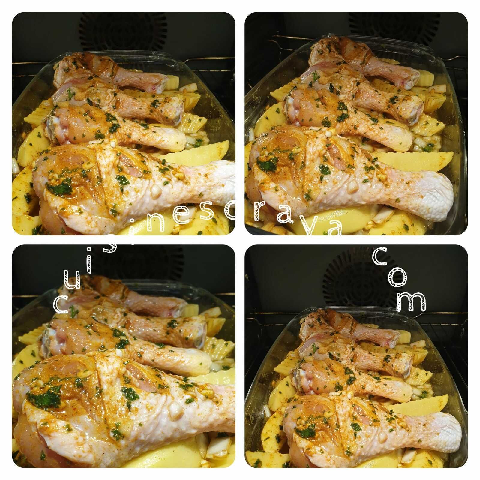 Pilon de poulet mariné et pommes de terre au four