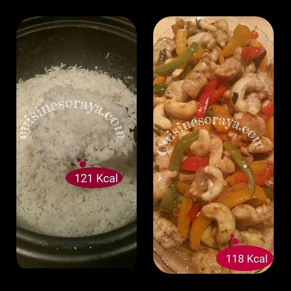 121 Kcal les 100g pour le riz basmati et 118 Kcal pour le poulet noix de cajou.